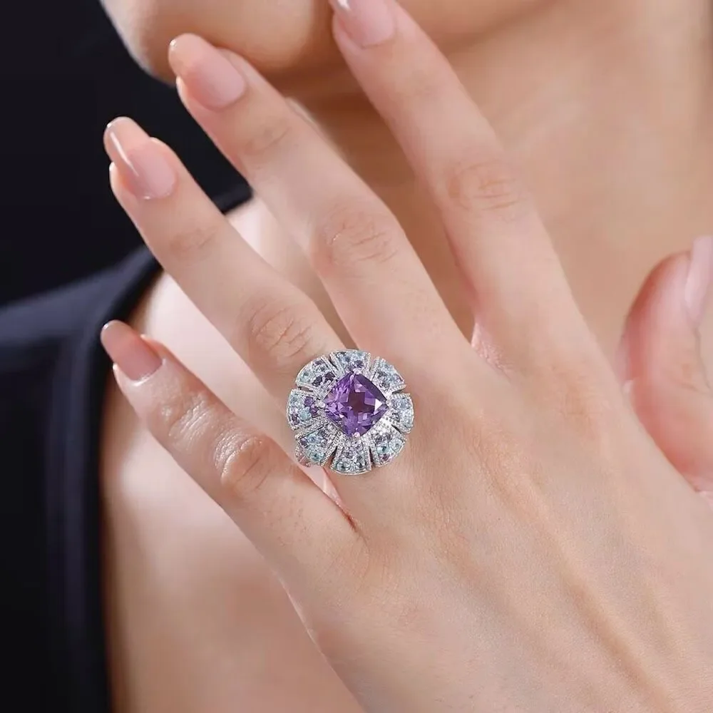 Amethyst Moissanite Multi Gemstone 5.85 ctw Floral Ring Sterling Silver Size 7